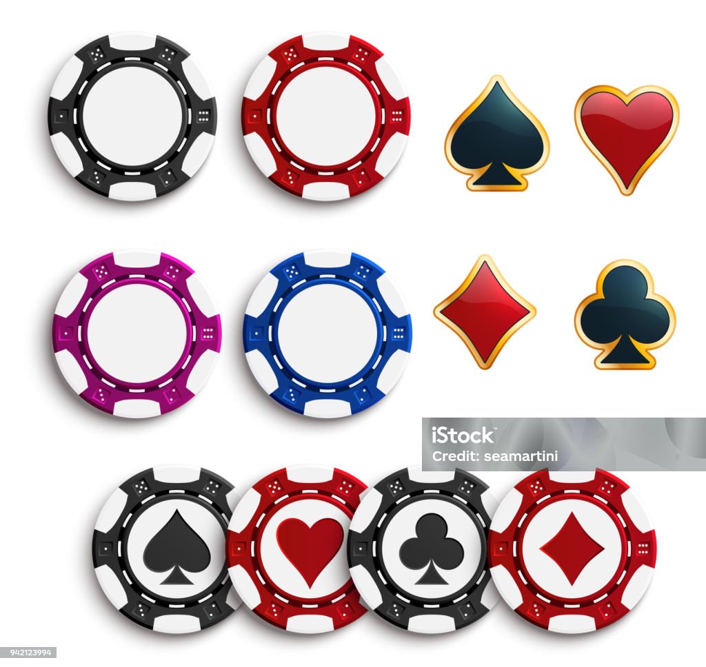 Vector casino poker gambling chips icons Casino poker chips or gambling tokens with playing cards suits. Vector isolated poker game chips with hearts, spades or diamonds and clubs suit for online casino poker slot machine or internet bets Gambling Chip stock vector