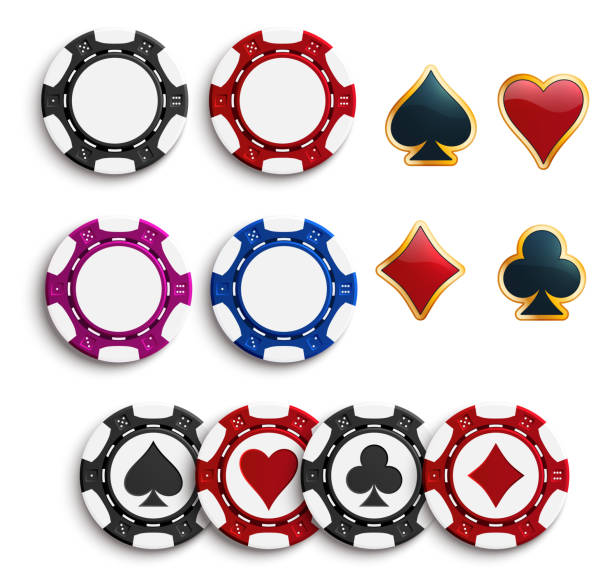 Vector casino poker gambling chips icons Casino poker chips or gambling tokens with playing cards suits. Vector isolated poker game chips with hearts, spades or diamonds and clubs suit for online casino poker slot machine or internet bets poker stock illustrations