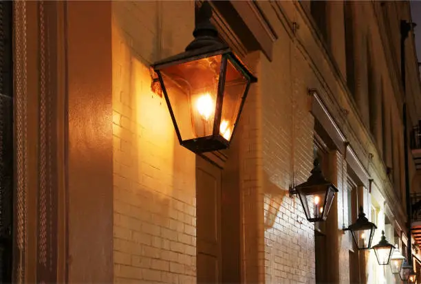 Photo of New Orleans French Quarter gas lights.