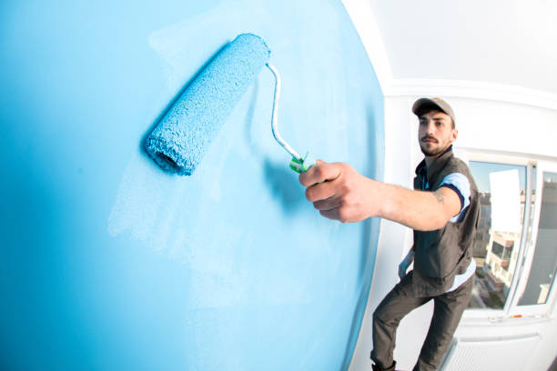 jeune homme peignant un mur bleu avec un rouleau - painting wall paint paint roller photos et images de collection