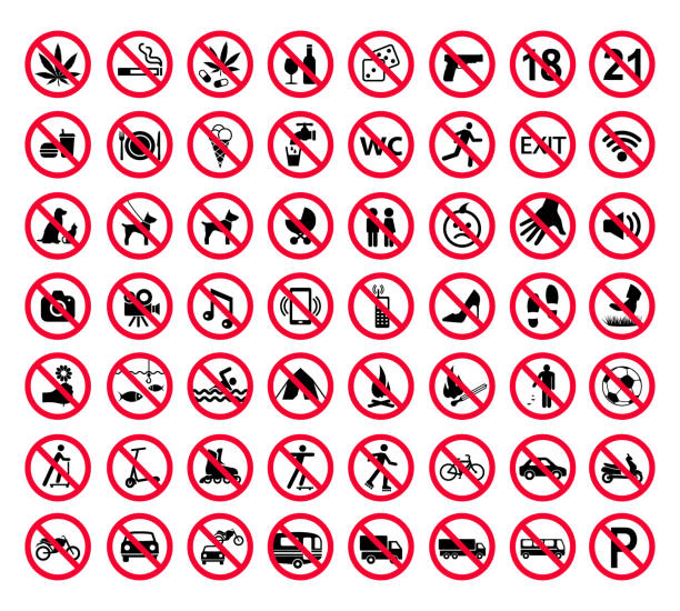 rot verbot unterzeichnen satz. verbotene zeichen sammlung - prohibition stock-grafiken, -clipart, -cartoons und -symbole