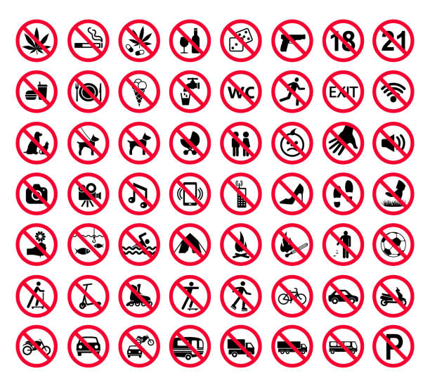 rot verbot unterzeichnen satz. verbotene zeichen sammlung - warning symbol stock-grafiken, -clipart, -cartoons und -symbole