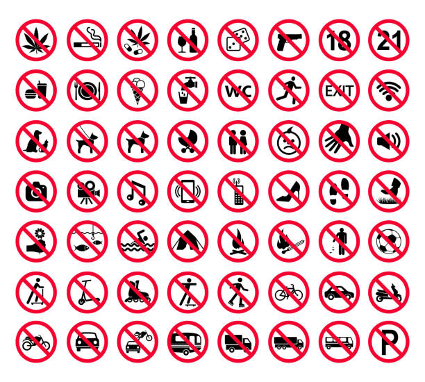 ilustrações, clipart, desenhos animados e ícones de proibição de vermelho assinar o conjunto. coleção de sinais proibidos - sign symbol no forbidden