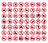 Red prohibition sign set. Forbidden signs collection