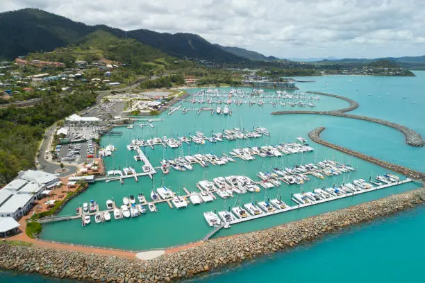 Abell Point Marina, Airlie Beach, Queensland, Australia. Aerial Drone View. Converted from RAW.