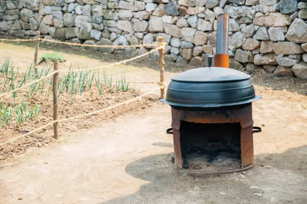 Iron pot and Korean traditional fireplace at Haemieupseong Fortress in Seosan, Korea