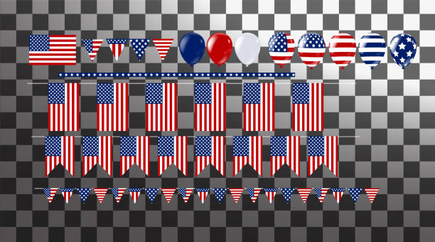 istock illustration bunch of  flag and balloons . Party decorations for Wedding, anniversary, celebration, event design, 4th july independence day 942130582