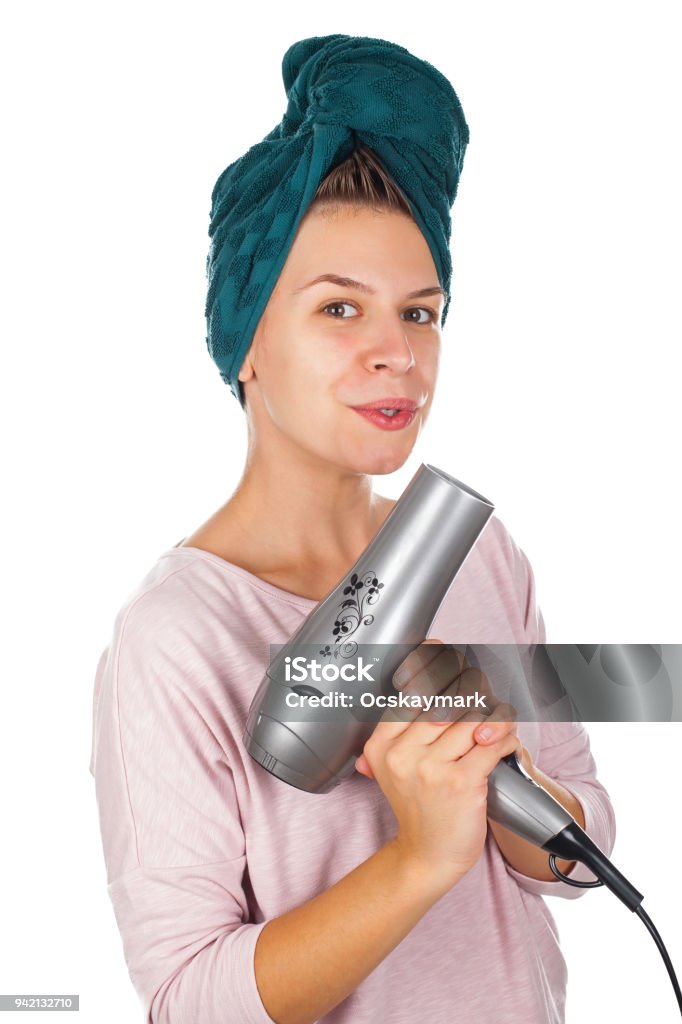 Woman Before Hair Drying Holding Like A Gun Stock Photo - Download Image  Now - Adult, Adults Only, Bathroom - iStock