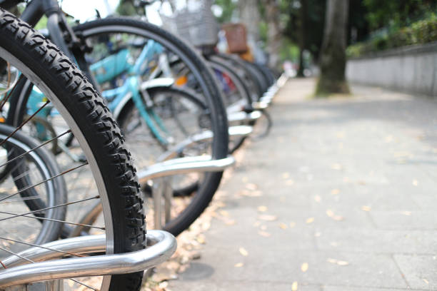 istock Fallen autumn leaves with bikes on road in sunny morning. 942132900