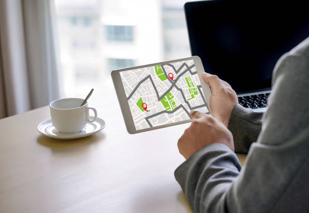 istock GPS Map to Route Destination network connection Location Street Map with GPS Icons  Navigation 942134064