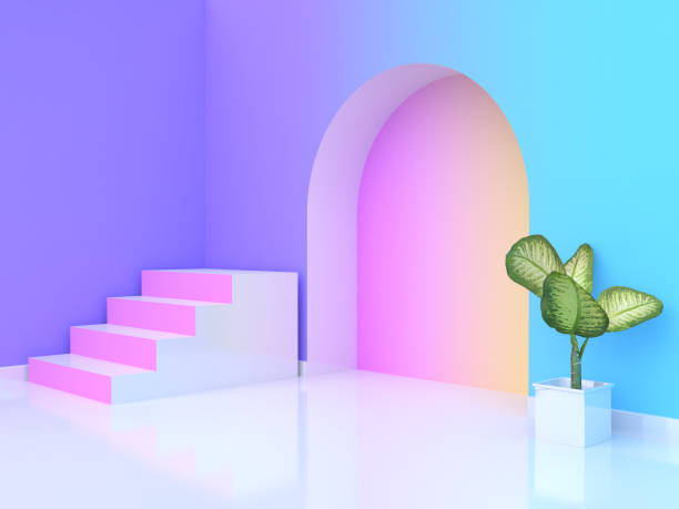 istock tree pot abstract pink white staircase-stairway violet-purple blue yellow pink gradient wall-room 3d rendering 942140958