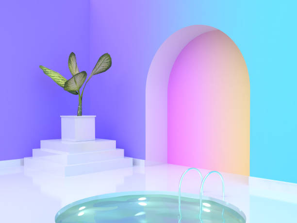istock tree pot abstract arched door water pool violet-purple blue yellow pink gradient wall-room 3d rendering 942140962