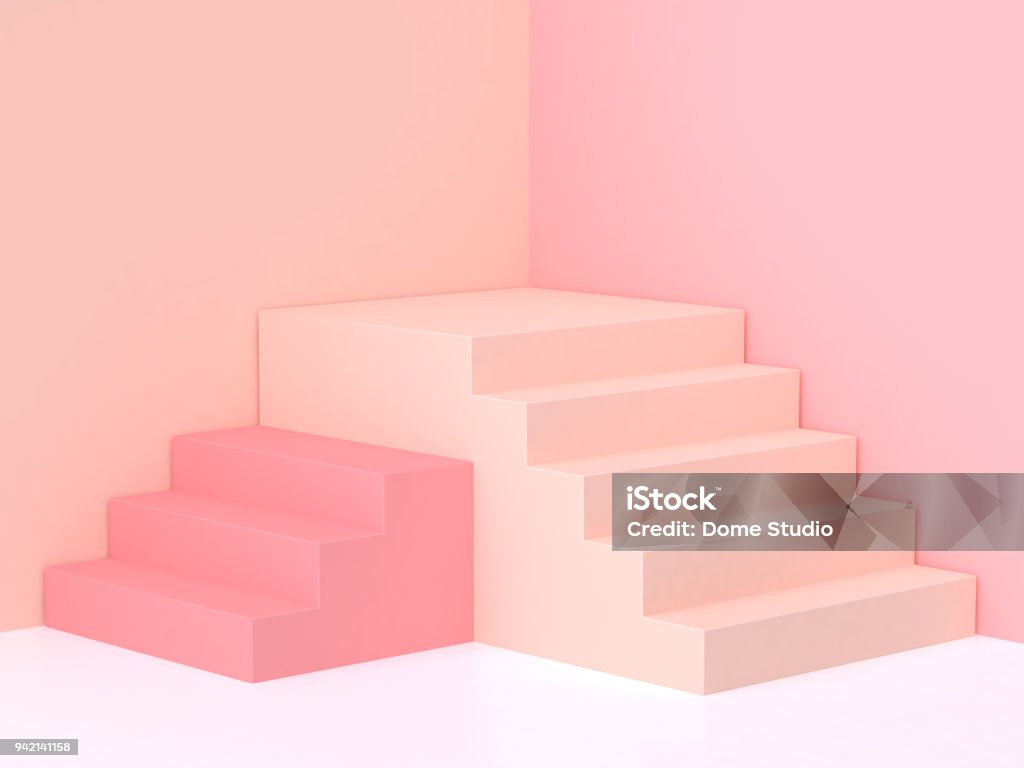 podio de escalera mínimo pared pastel de crema de rosa esquina render 3d - Foto de stock de Escaleras libre de derechos