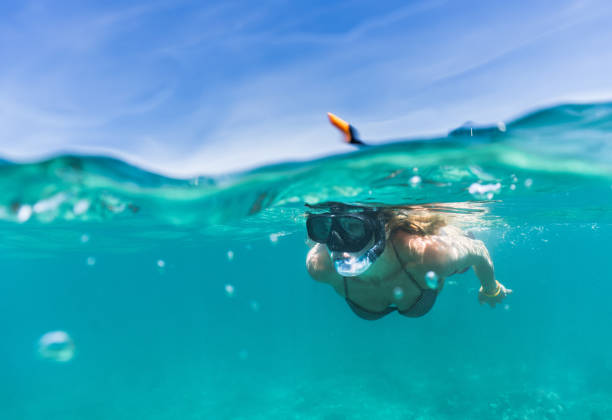 mujer de explorar el mar mientras que snorkeling en día de verano. - snorkel fotografías e imágenes de stock
