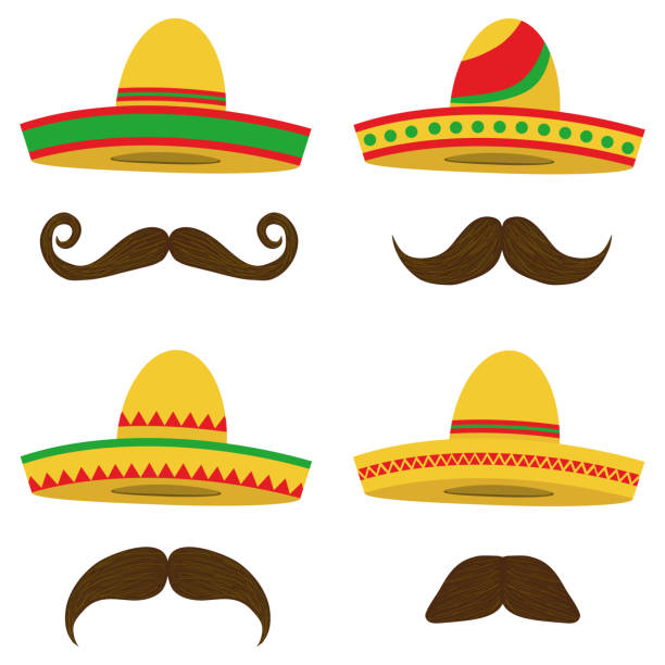 Sombrero, Mexican Sobrero set with a mustache. Mexican headdress. Sombrero, Mexican Sobrero set with a mustache. Mexican headdress. Flat design, vector illustration, vector. sombrero stock illustrations