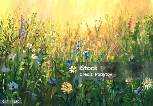istock Summer meadow, watercolor painting 942144980