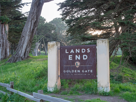 SAN FRANCISCO, CA - MARCH 30, 2018: Land's End park entrance in San Francisco in evening sunset