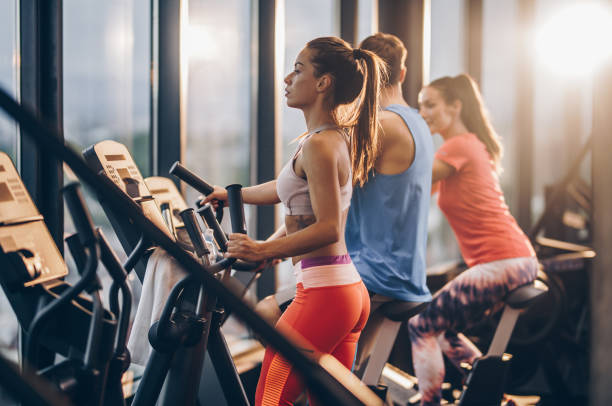 istock Three athletic people warming up on exercise machines in a gym. 942145698