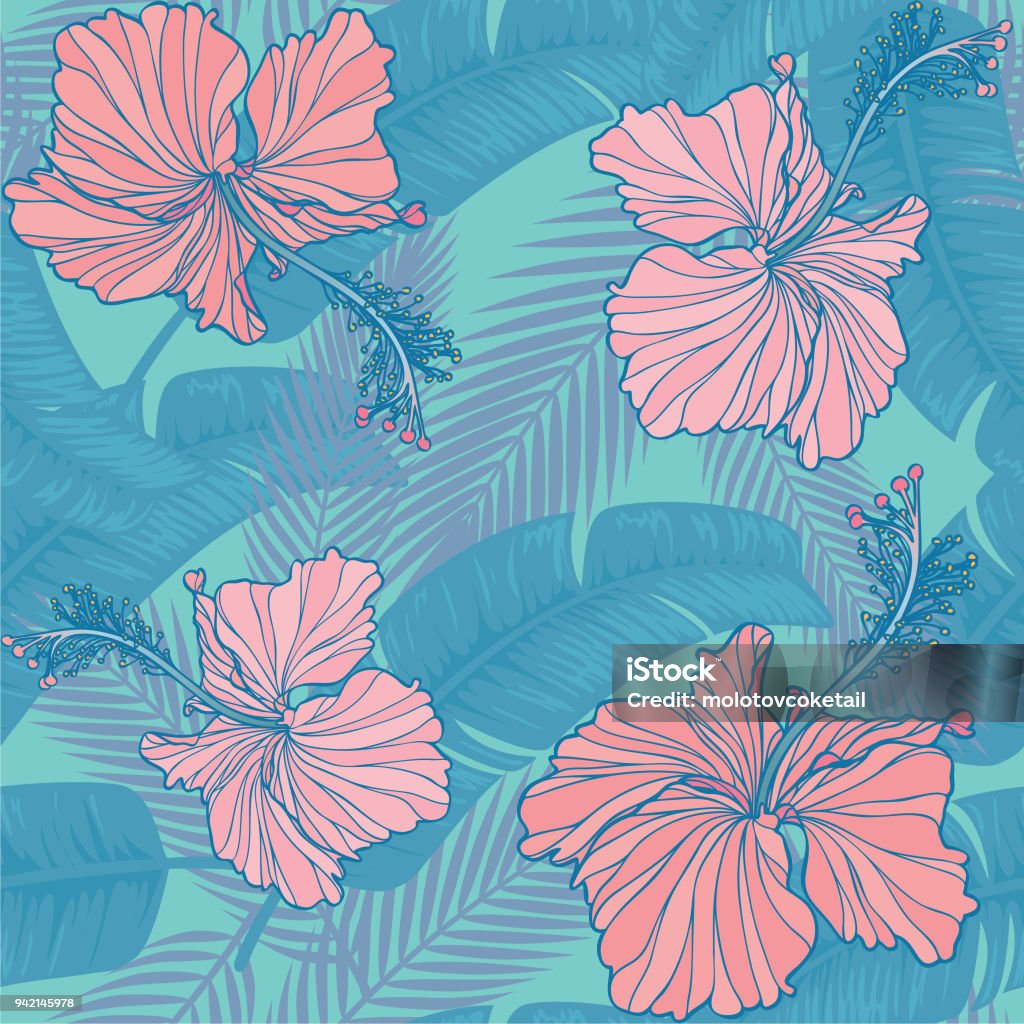 trendy hibiscus & leaf seamless pattern Seamless tropical pattern with hibiscus & leaf. Malaysia stock vector