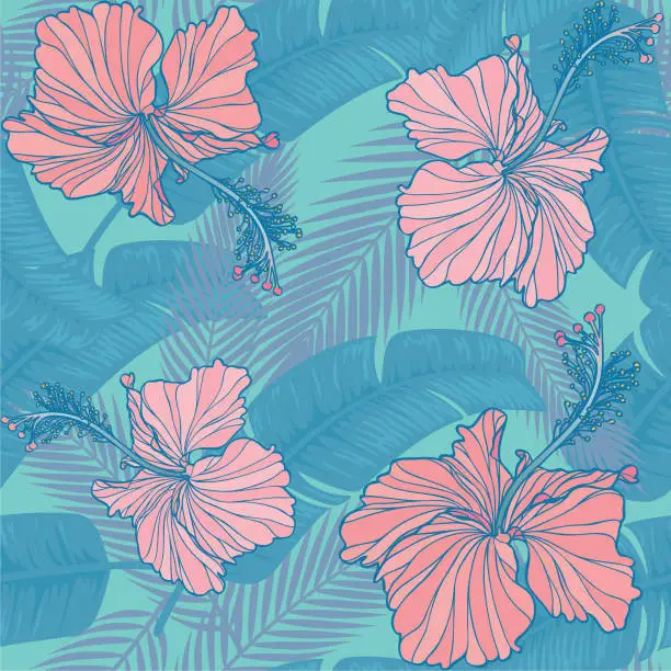 Vector illustration of trendy hibiscus & leaf seamless pattern