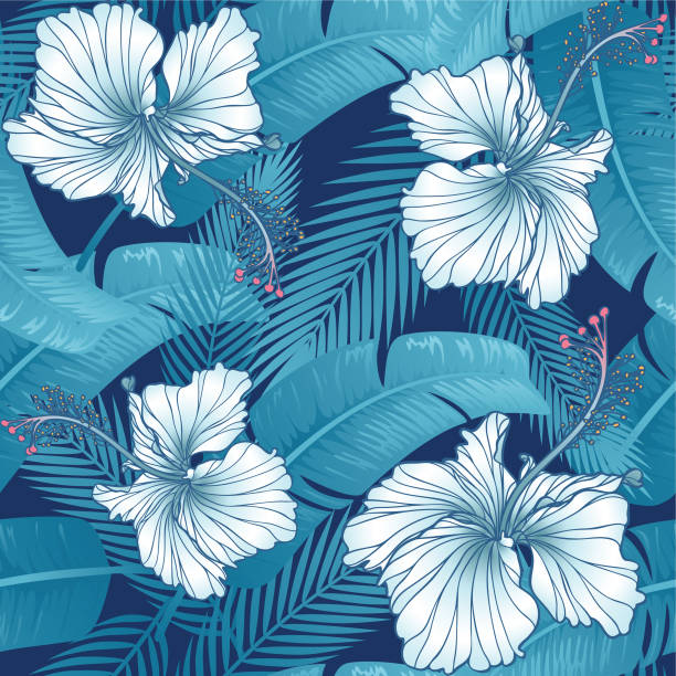 illustrazioni stock, clip art, cartoni animati e icone di tendenza di hibiscus alla moda e motivo senza cuciture foglia - hawaiian culture hibiscus flower pattern