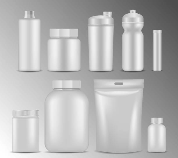 Vector sport nutrition white container realistic mockup set Sport nutrition container packaging mock up set. Vector realistic illustration of blank white plastic jars, foil packages, water bottles, cocktail shakers isolated on white background. protein powder bottle stock illustrations