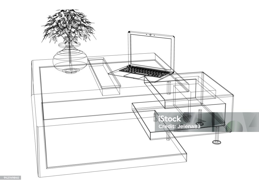 Computer Table Architecture Drawing Modern Computer Table 3d Blueprint Isolated Stock Photo - Download ...