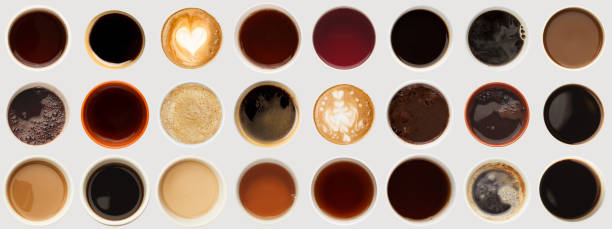 Set of coffee foams isolated on white background. Above view on different cups.
