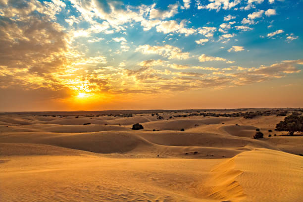 Thar desert Jaisalmer, Rajasthan, India at sunset with moody sky. View of Thar desert sunset at Jaisalmer Rajasthan with moody vibrant sky thar desert stock pictures, royalty-free photos & images