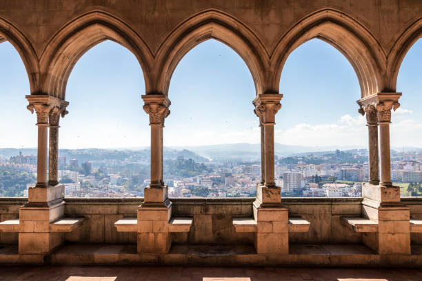 Leiria Castle, Portugal Leiria, Portugal. Overlooking view of the city of Leiria from the Gothic arcade of the Paco de D Joao I (Palace of John I) arch architectural feature stock pictures, royalty-free photos & images