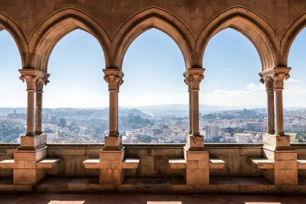Leiria, Portugal. Overlooking view of the city of Leiria from the Gothic arcade of the Paco de D Joao I (Palace of John I)