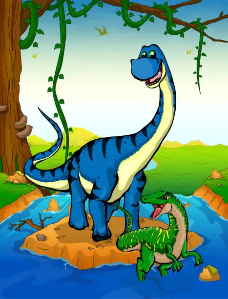 Vector illustration of Diplodocus on the background of a waterfall.