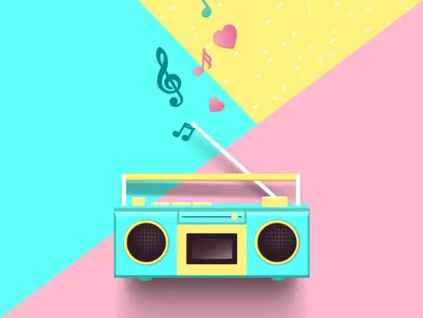 Vector illustration of Radio and music notes on colorful background.