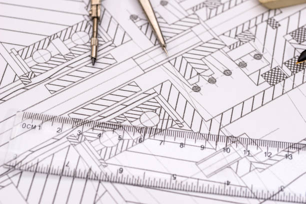 엔지니어링 도면, 펜, 나침반, 종이에 눈금자 - nut blueprint work tool construction 뉴스 사진 이미지