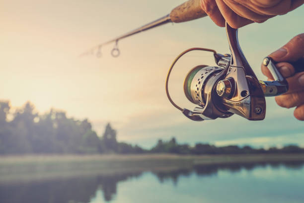 Fishing On The Lake At Sunset Fishing Background Stock Photo