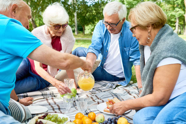 istock Senior Friends Enjoying Picnic in Park 942161820