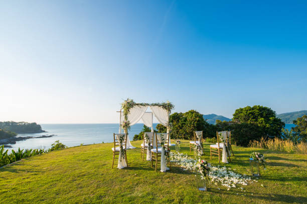istock Romantic wedding ceremony on the lawn Sea view. 942162394