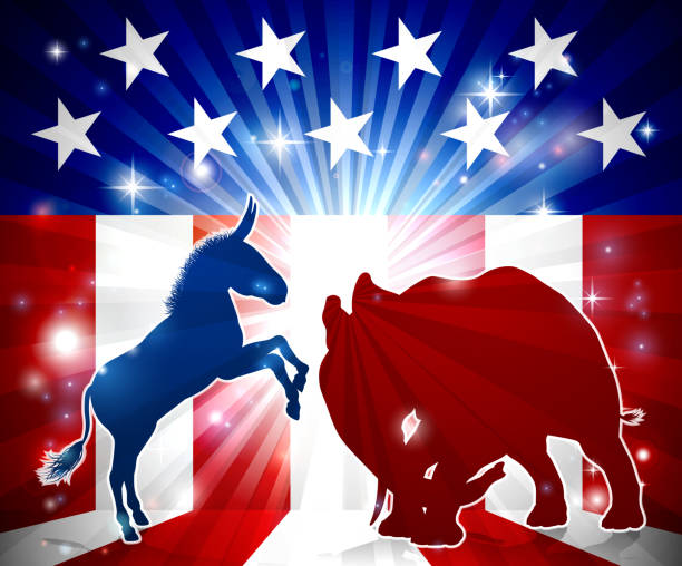 Elephant versus Donkey A donkey and elephant in silhouette facing off with an American flag in the background democrat and republican political mascot animals republican elephant logo stock illustrations