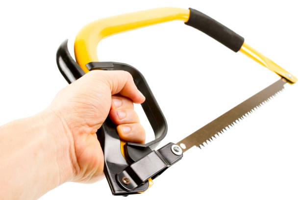 Hand holding yellow bow saw Hand holding yellow bow saw with black handle isolate on white background. bucktooth stock pictures, royalty-free photos & images