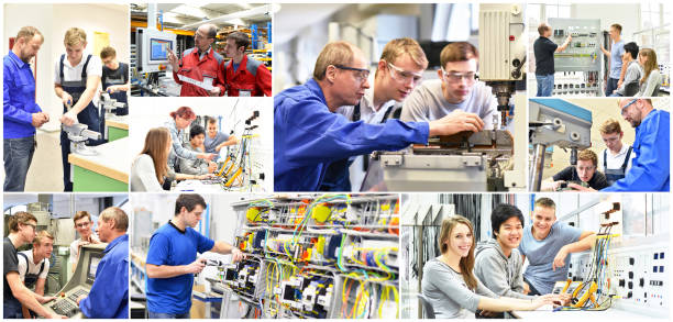 group of young people in technical vocational training with teacher - collage with various pictures - trainee mechanic engineer student imagens e fotografias de stock