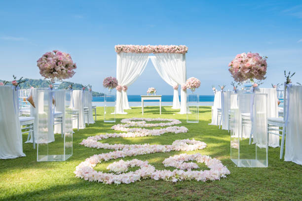 istock Romantic wedding ceremony on the lawn Sea view. 942164810