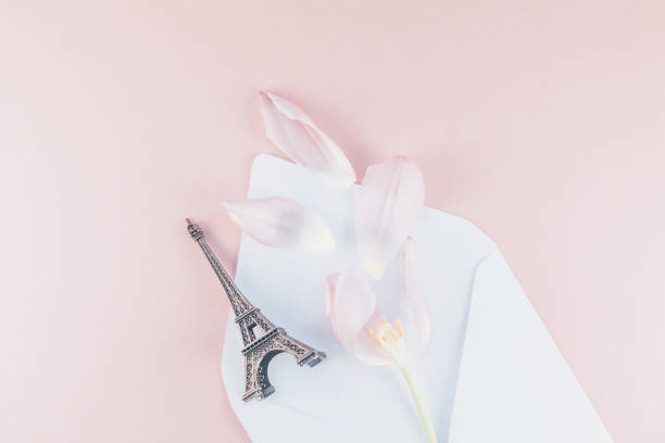 Pink tulip in envelope with eiffel tower miniature