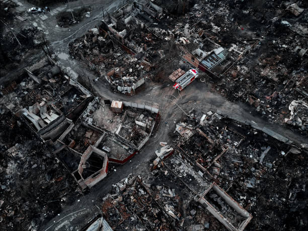 istock Old home after fire and burned everything in the area. top view and Take from drone 942166264