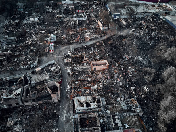 istock Old home after fire and burned everything in the area. top view and Take from drone 942166366