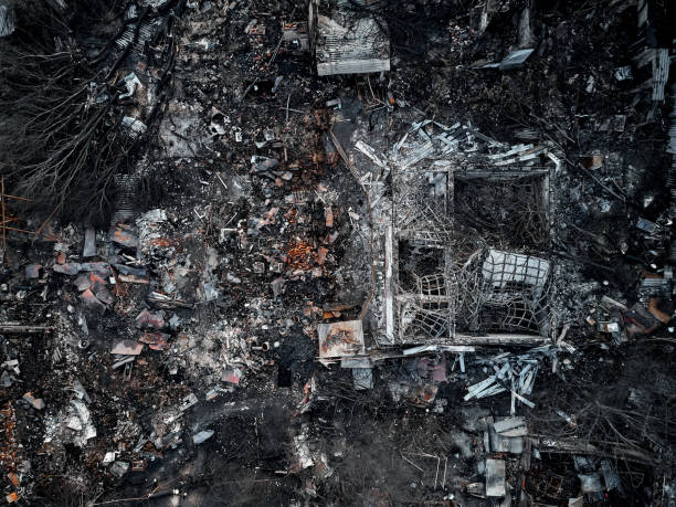 istock Old home after fire and burned everything in the area. top view and Take from drone 942166504