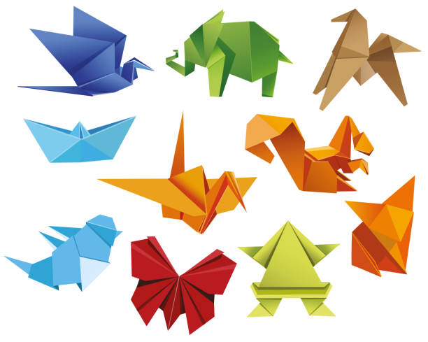 ilustraciones, imágenes clip art, dibujos animados e iconos de stock de set mariposa de origami grúa, rana, elefante, caballo, barco, gorrión, zorro, ardilla - origami