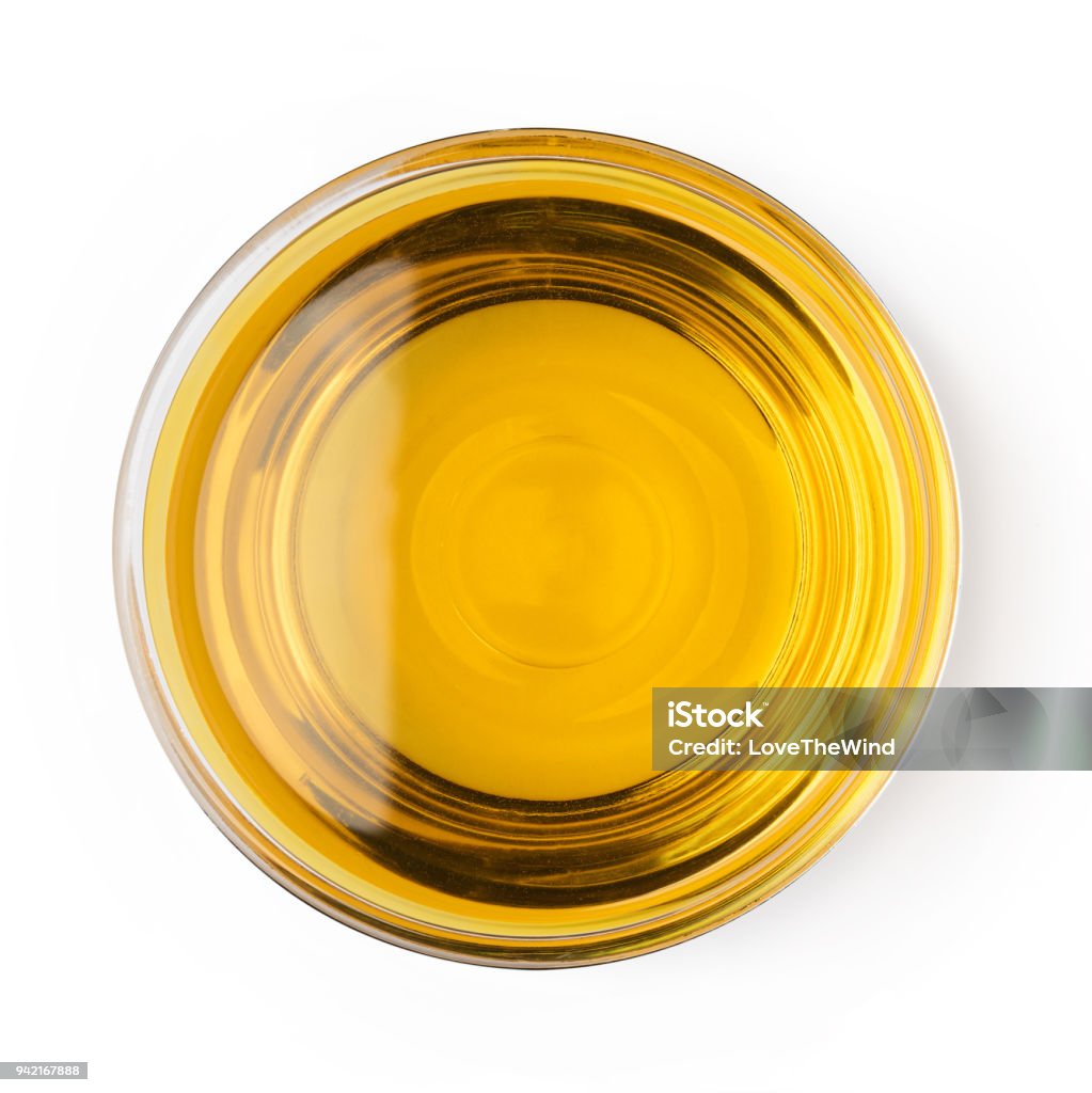 Glas Schüssel Öl Gemüse Oliven isoliert auf weißem Hintergrund Draufsicht Objekt Kochen Küchendesign - Lizenzfrei Duftöl Stock-Foto