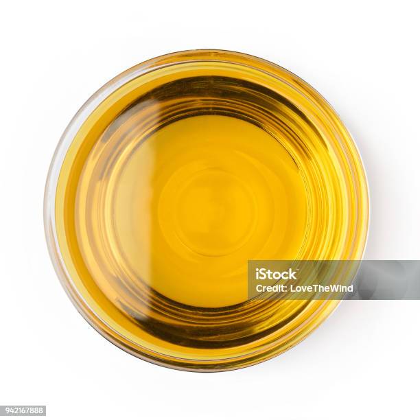 Glass Bowl Oil Of Vegetable Olive Isolated On White Background Top View Object Cooking Kitchen Design Stock Photo - Download Image Now