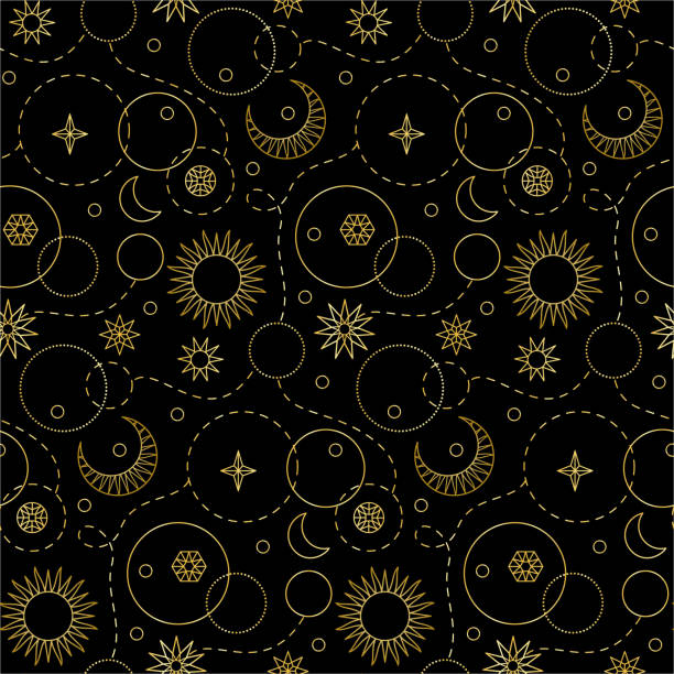 Space Luxury Seamless Pattern Space luxury gold seamless pattern on black background. Doodle repeat textile print, wallpaper, wrapping. moon patterns stock illustrations