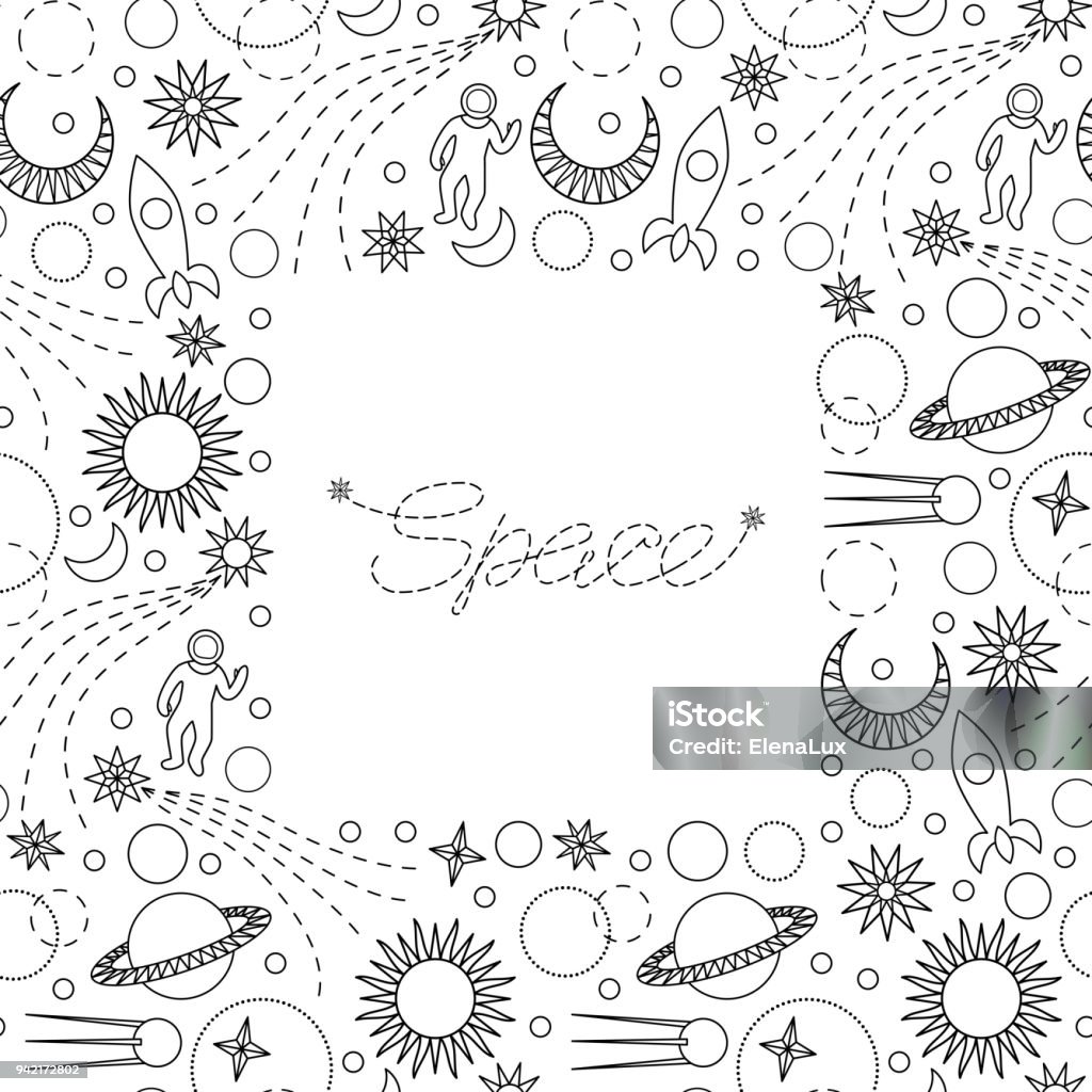 Space Doodle Seamless Frame Space seamless square frame on white background. Doodle repeat pattern for textile print, wallpaper, wrapping, template with text place. Art stock vector
